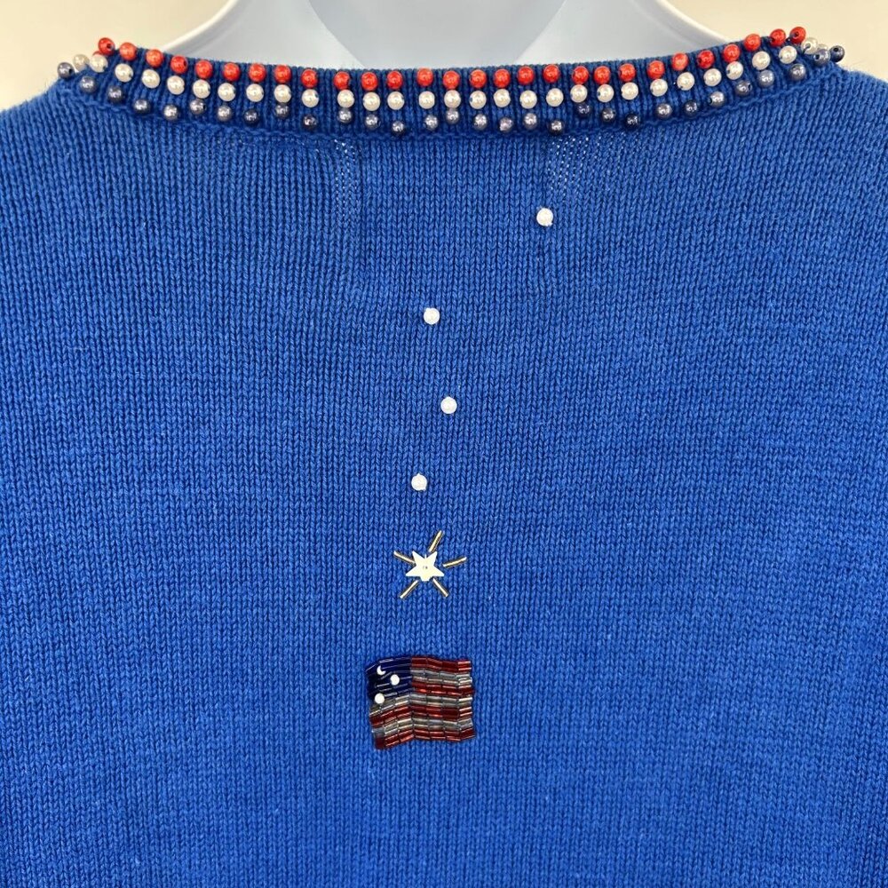 STORYBOOK KNITS AMERICAN SNOWMEN SEQUIN BEAD SNOWMAN FLAG GRANNY CORE CARDIGAN - Picture 6 of 7